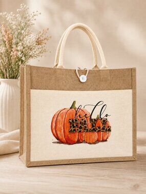 Hello Fall Pumpkin Jute Tote Bag | Large Autumn Shopping Bag